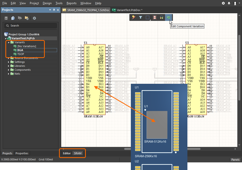 Working in the physical design view of the Schematic editor, with a specific variant 
