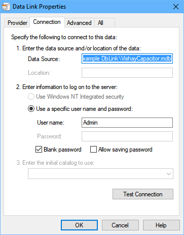 Data Link Properties dialog, a Microsoft dialog used to configure the Connection String option