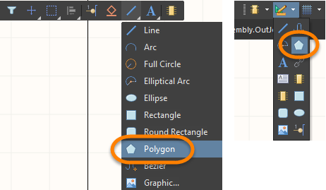 Кнопка Polygon в панели инструментов Active Bar (слева) и в выпадающем списке панели инструментов Utilities (справа).
