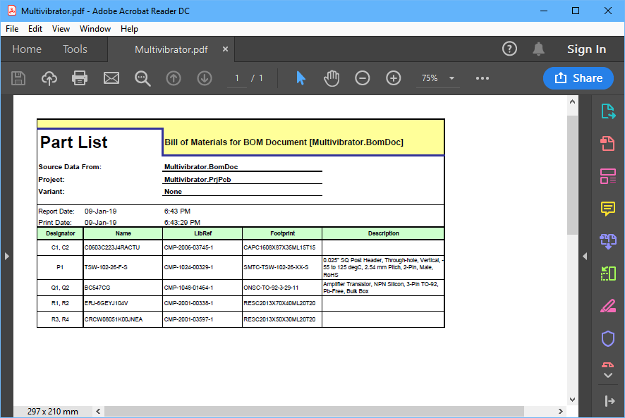 Отчет BOM в формате Excel, сформированный непосредственно в PDF.