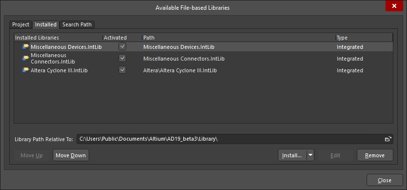 Available File-based Libraries dialog
