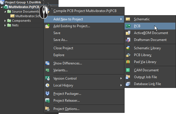 Right-click menu commands to add a new PCB to the project in Altium Designer