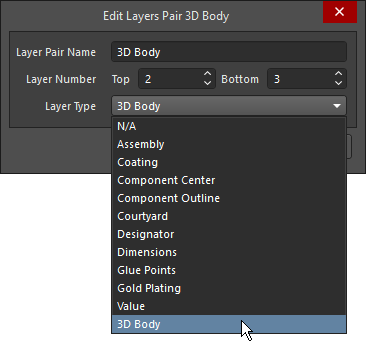Select the Layer Type from the pre-defined list of Types; individual mechanical layers are shown on the left; Component Layer Pairs are shown in the middle and a new Component Layer on the right.