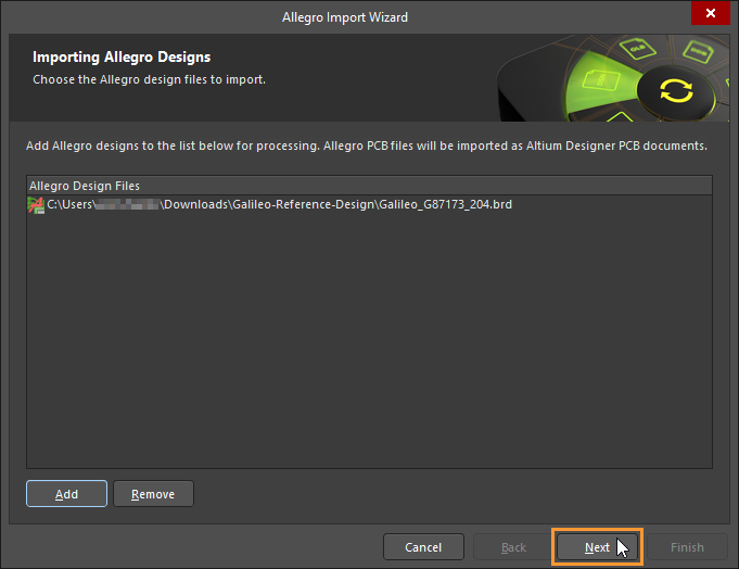 Select either binary or ASCII Allegro design files for import. Allegro must be installed on the local machine to import binary Allegro files (*.brd).