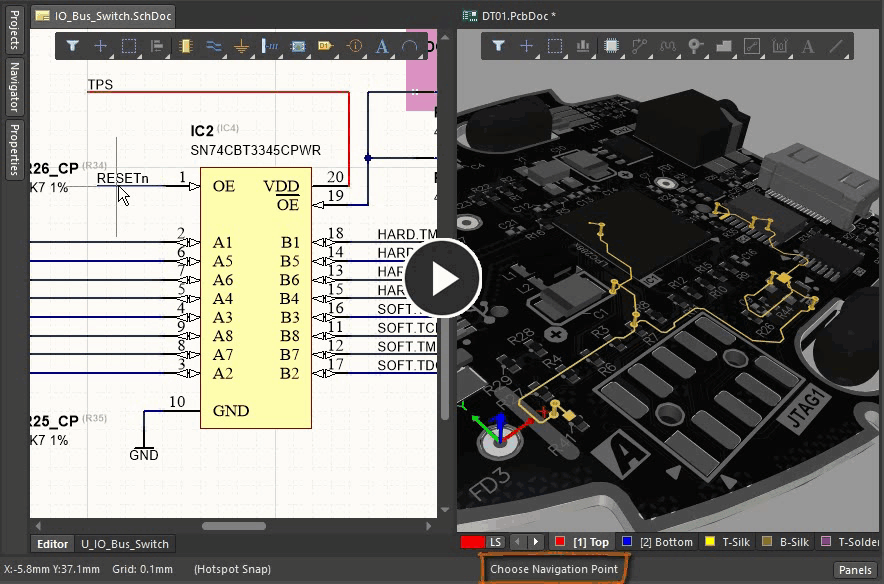 Animation demonstrating how to cross probe from the schematic to the PCB