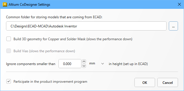 Enable the Build 3D geometry for Copper and Solder Mask option to include these layers in the MCAD assembly (Autodesk Inventor dialog).