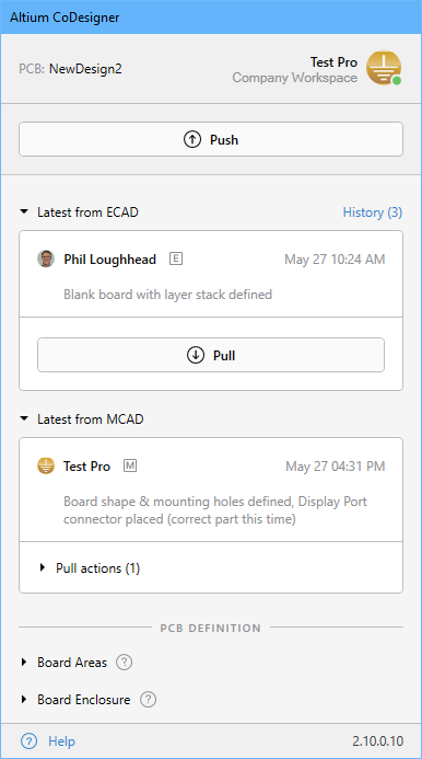 Changes are pushed and pulled between the MCAD and ECAD tools through the CoDesigner panel.