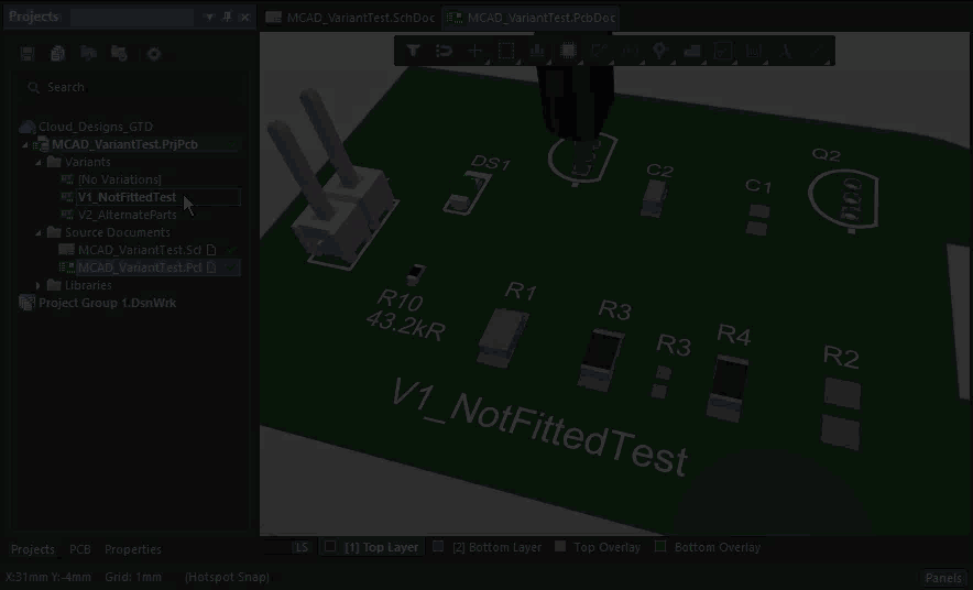 Altium Designer can be used to create variations of a board design, select the variant in the Projects panel then Push to MCAD in the CoDesigner panel.