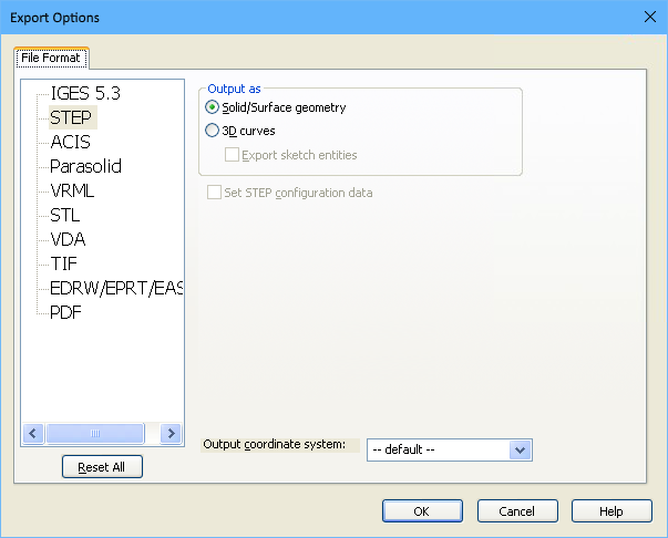 SOLIDWORKS Export Options dialog, configuring for STEP export