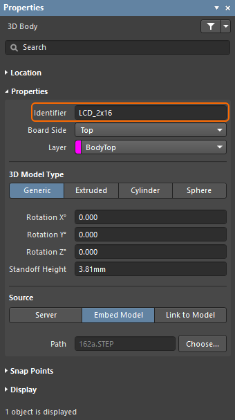 3D Body mode of the Properties panel, configuring the Identifier so it can be used to scope a design rule