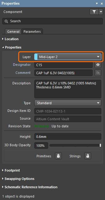 Properties panel, showing how the component's layer is set