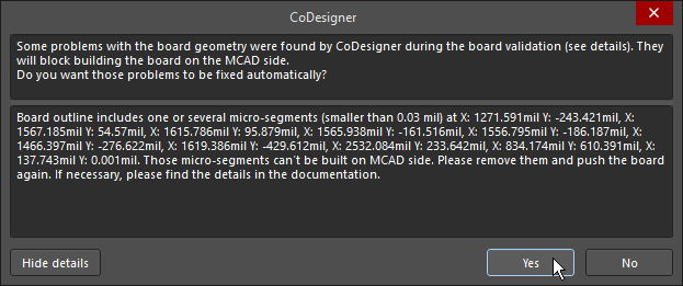 CoDesigner проверяет контур платы на предмет проблем, которые не поддерживаются MCAD-системой, и автоматически устраняет их.