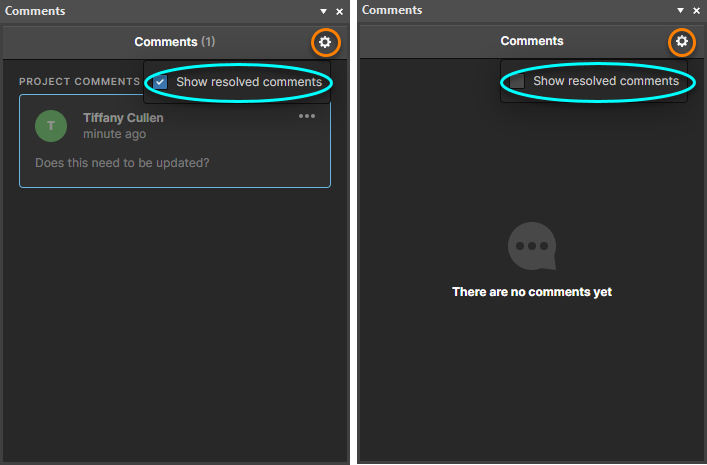 The options provided in the Comments panel when signed into a Workspace.