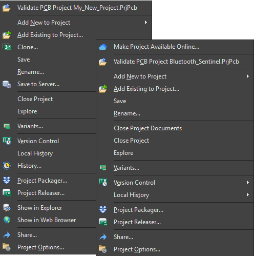 The left image shows the typical right-click menu for a managed project, while the image on the right displays the typical right-click menu for a non-managed project.