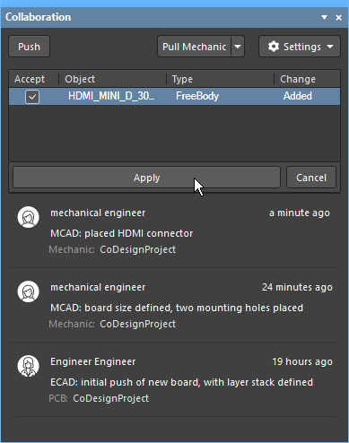 Изменения платы и компонентов принимаются в MCAD с помощью панели MCAD CoDesigner