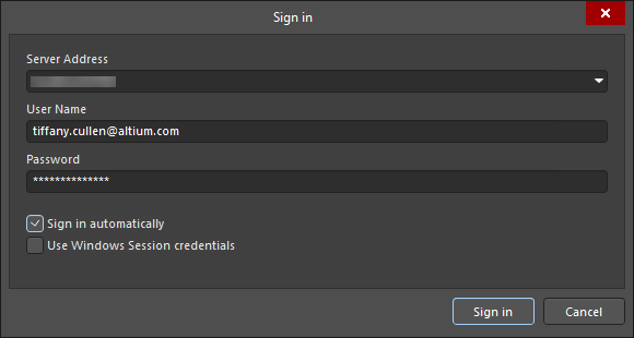 A variation of the Sign In dialog that allows you to sign into a on-site server.