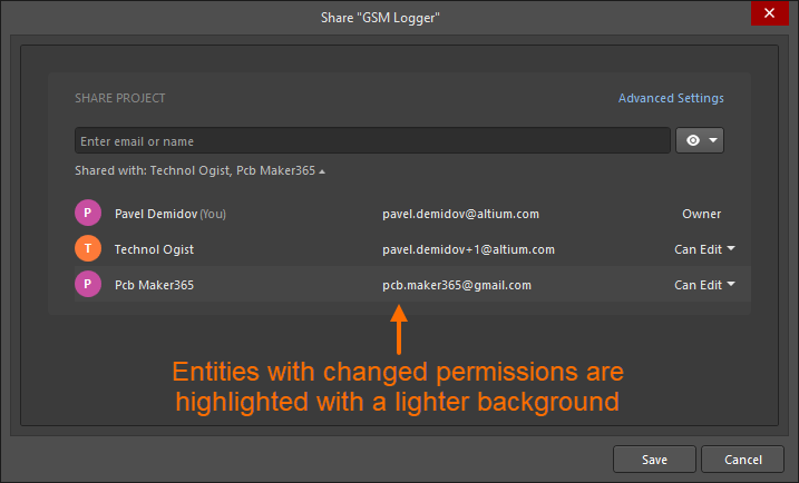 Example changes to the permissions for an existing user with which a project is currently shared.