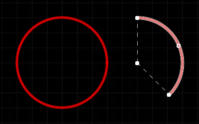 Two placed Arcs: on the left is a Full Circle Arc, on the right is an Arc selected for editing