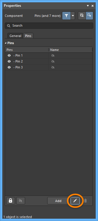 Используйте выделенную кнопку на вкладке Pins панели Properties, чтобы открыть диалоговое окно Component Pin Editor.