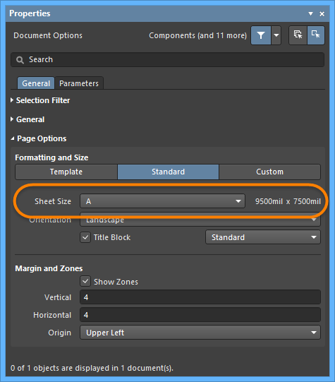 Use the Page Options region of the Properties panel in Document Options mode to set the sheet size.
