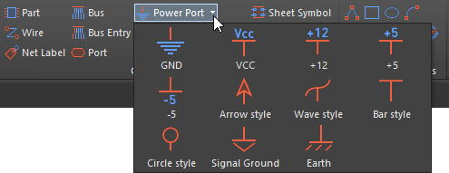 A number of predefined power ports are available from the Power Port drop-down.