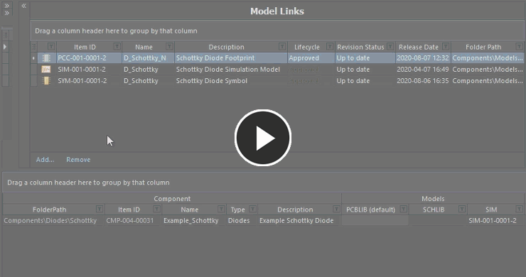Назначьте модель существующему компоненту путем перетаскивания ЛКМ из области Model Links в соответствующий столбец модели этого компонента.