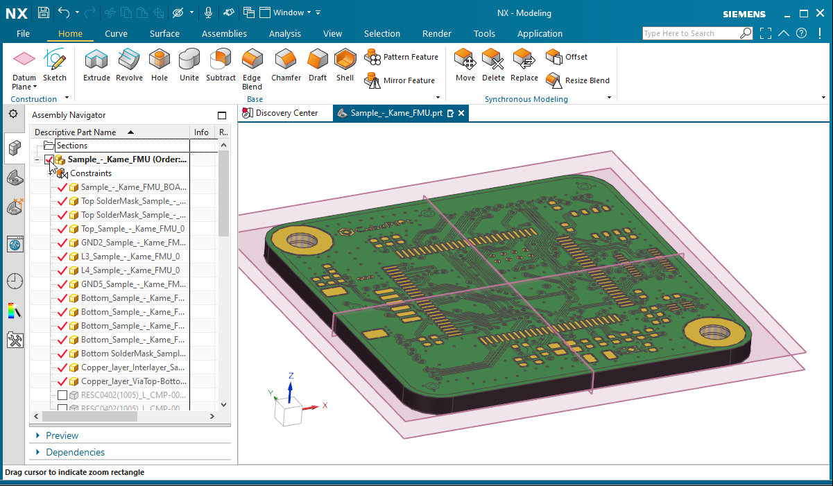 When the advanced copper geometry options are enabled, each PCB copper layer, soldermask layer, and set of thru-holes is created as an MCAD component in the Assembly Navigator.