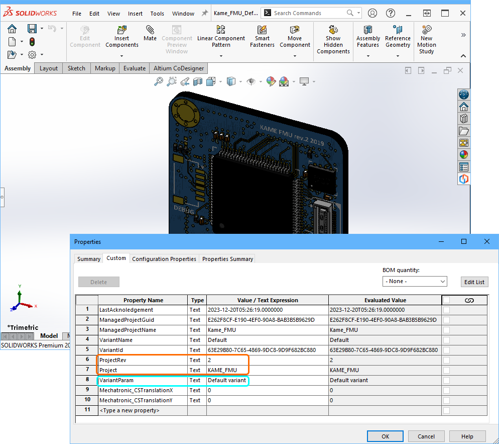 ECAD parameters are now transferred to MCAD properties, for the board, variants, harnesses, and Multi-board assemblies.