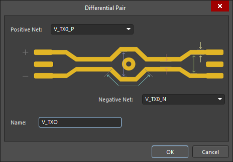 Differential Pair dialog, used in the PCB editor to define a differential pair