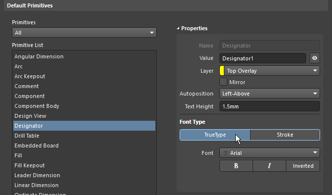 Preferences dialog, configuring the default Designator font