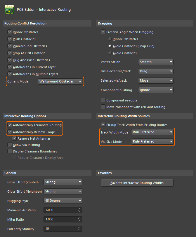 Preferences dialog, PCB Editor Interactive Routing options