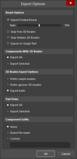 The Export Options dialog is used to configure what data is exported into the created STEP file