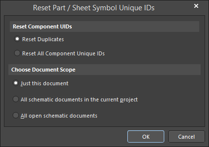 The Reset Part / Sheet Symbol Unique IDs dialog
