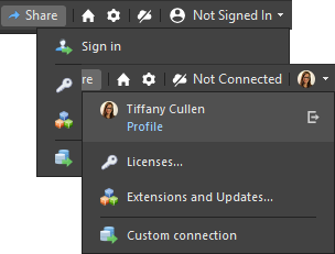 The three iterations of the User and Workspace Information menu. The first iteration shows the menu when not signed into an account and when no Workspaces are available. The second iteration shows the menu when signed in but not connected to a Workspace. The third iteration shows the menu when signed in and connected to a Workspace.