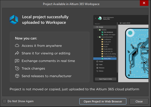 The Project Available in Altium 365 Workspace dialog