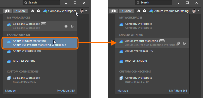 When multiple Workspaces are available, you can quickly switch between them.
