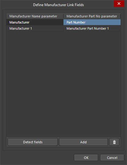 Define Manufacturer Link Fields dialog, enter the parameters that hold the manufacturer name and part number