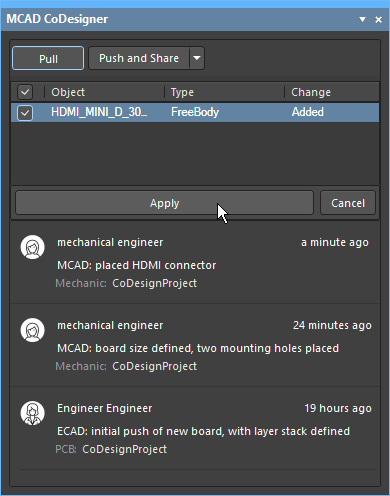 Changes to the board and component detail are Pulled from MCAD in the MCAD CoDesigner panel