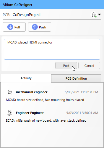Changes to the board and component detail are Pushed to ECAD in the Altium CoDesigner panel
