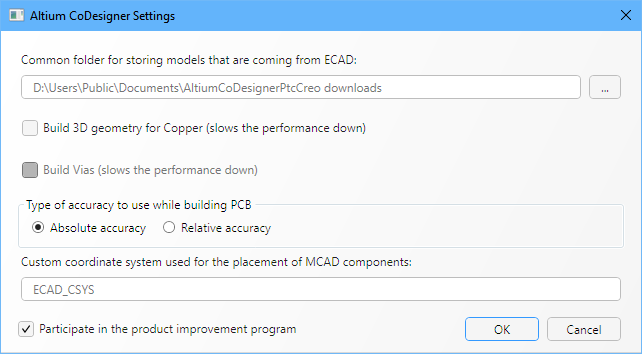 Configuring the CoDesigner PTC Creo settings