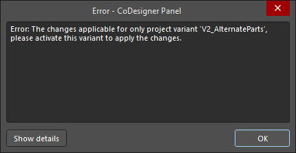 The Pull cannot be completed as the wrong variant is active in Altium Designer.