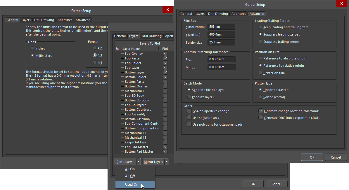 Composite image showing 3 of the 5 tabs in the Gerber Setup dialog