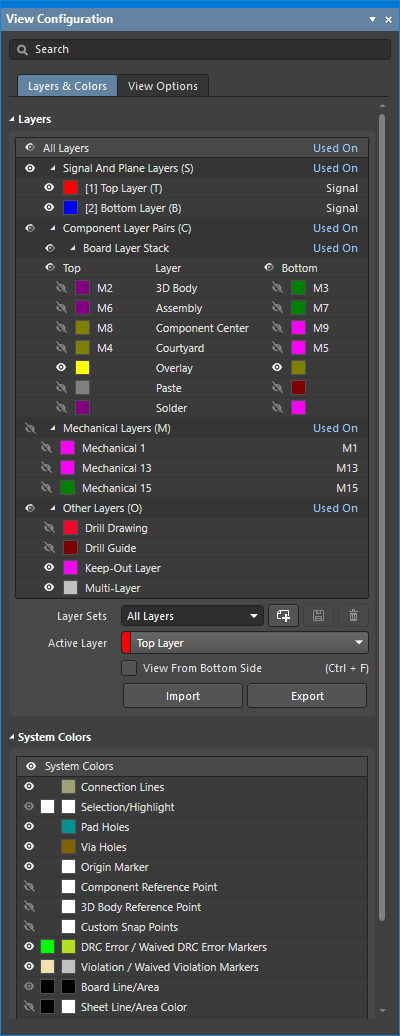 View Configuration panel, Layers & Colors tab