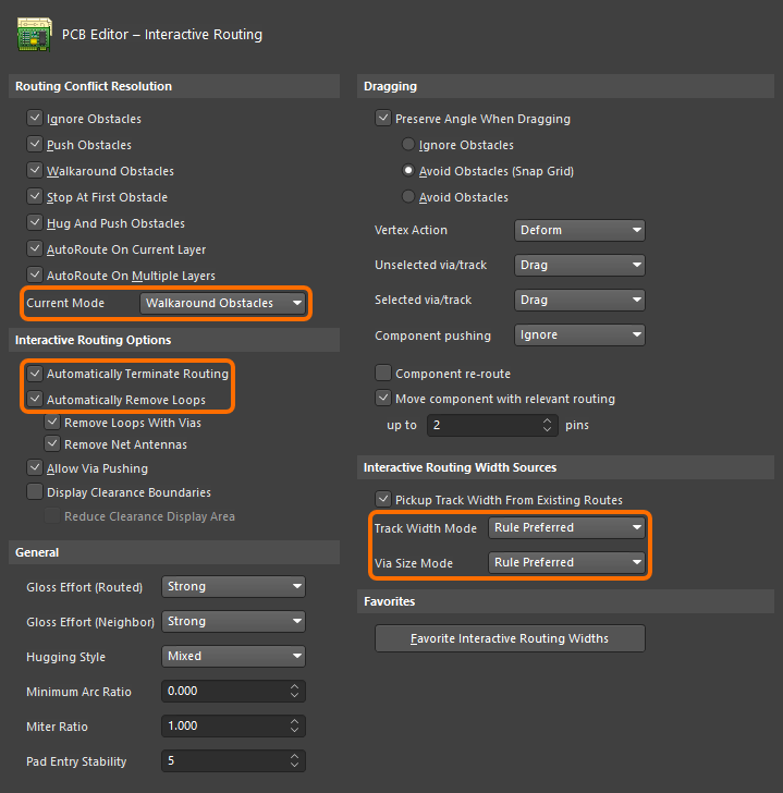Preferences dialog, PCB Editor Interactive Routing options