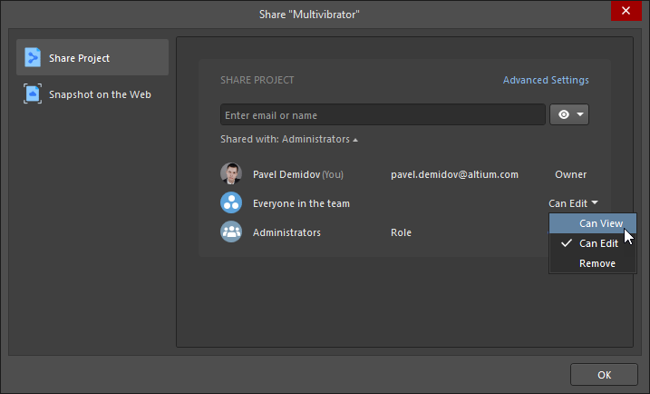 Share dialog, changing permissions for everyone in the team