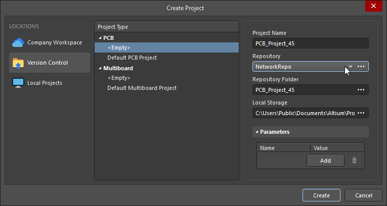Create Project dialog, showing how a new version-controlled project can be created