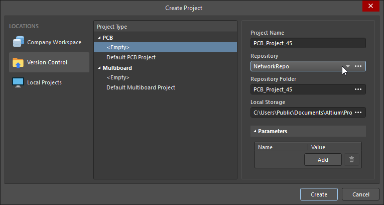 Create Project dialog, showing how a new version-controlled project can be created