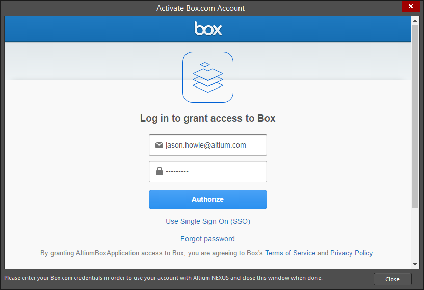 在激活Box.com账户对话框中登录到您的Box.com账户