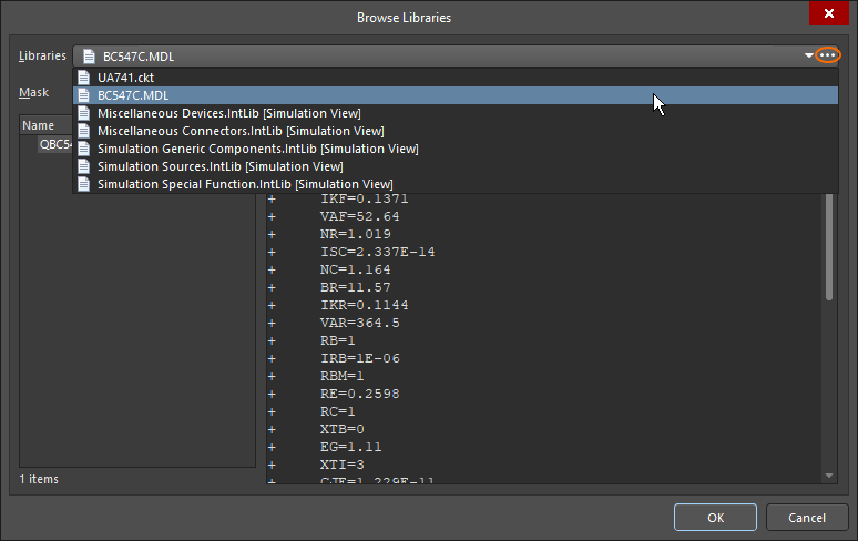 Locate the required model in the Browse Libraries dialog, click the ellipsis if you need to install additional models.
