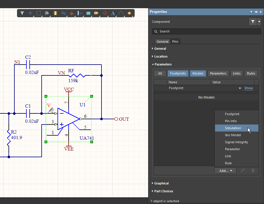 Existing component models can be viewed/edited and new models attached in the Properties panel.